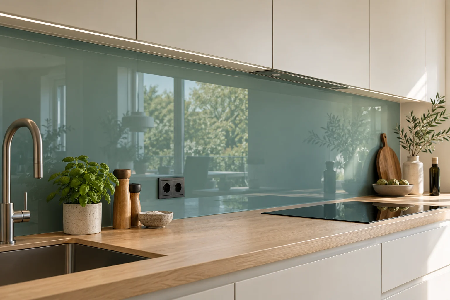 KI-generiertes Gestaltungsbeispiel einer Küchenrückwand aus farbigem Glas