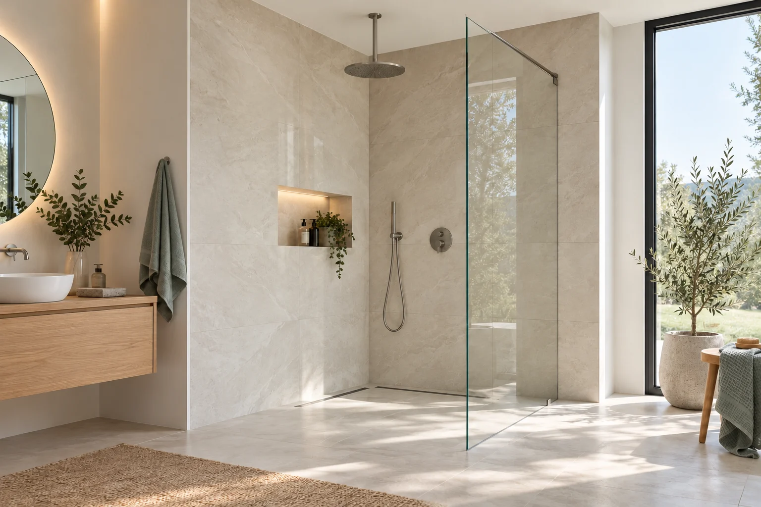 KI-generiertes Gestaltungsbeispiel: Helles Badezimmer mit offener Walk-in-Dusche – KI-generiertes Bildbeispiel