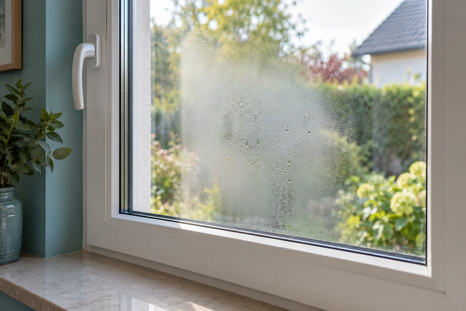 KI-generiertes Bildbeispiel eines Fensters mit Kondensation im Scheibenzwischenraum